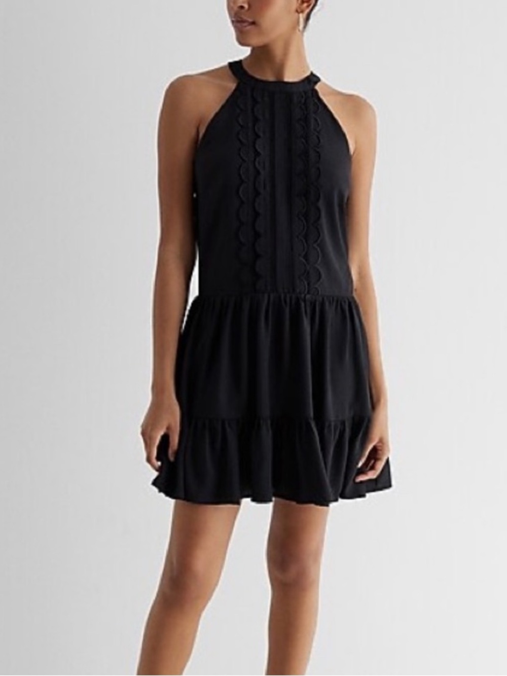 Express Black Halter Dress w/ Scalloped Trim & Ruffle Hem
